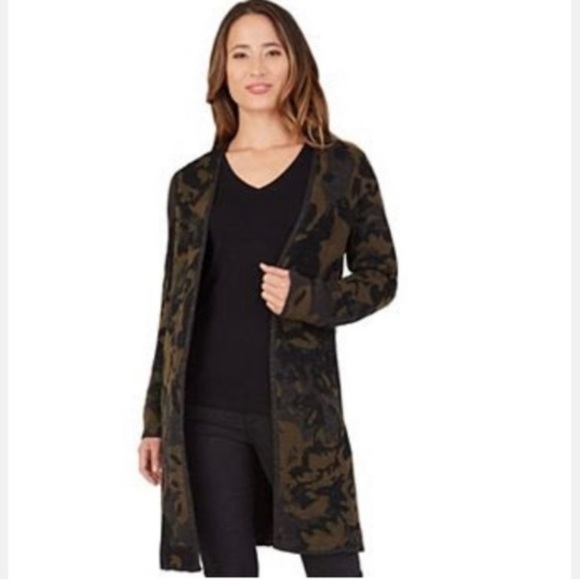 𝅺nwt Apt.9 black olive green camo sweater knit open duster cardigan 0237Q8F - Picture 1 of 1